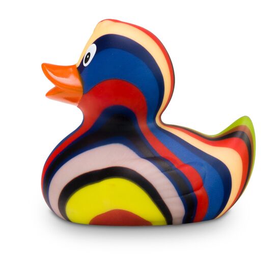 schwarze Werbeente Lenny Längsstreifen mitbunten Streifen, Größe: ca. 8 cm. Inklusive Quietschventil