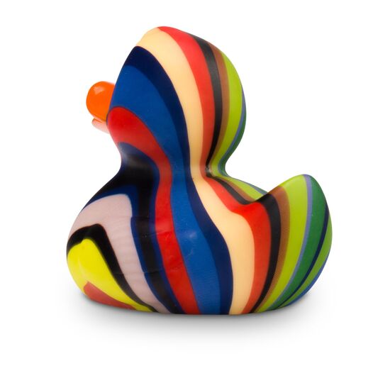 schwarze Werbeente Lenny Längsstreifen mitbunten Streifen, Größe: ca. 8 cm. Inklusive Quietschventil