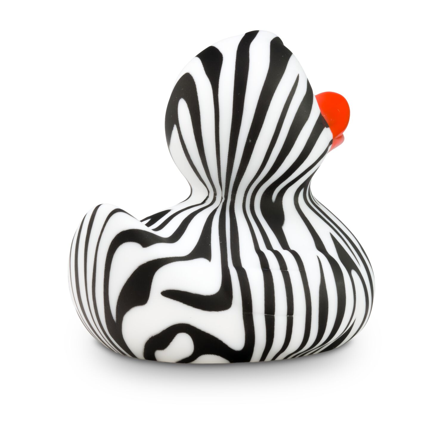 schwarz-weiße Werbeente Zoe Zebra mit orangenem Schnabel in Standardform, Größe: ca. 8 cm. Inklusive Quietschventil
