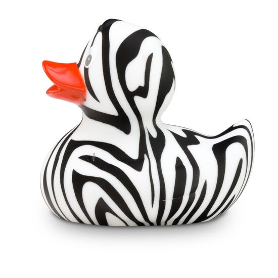 schwarz-weiße Werbeente Zoe Zebra mit orangenem Schnabel in Standardform, Größe: ca. 8 cm. Inklusive Quietschventil