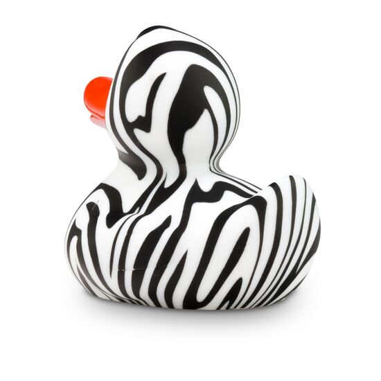 schwarz-weiße Werbeente Zoe Zebra mit orangenem Schnabel in Standardform, Größe: ca. 8 cm. Inklusive Quietschventil