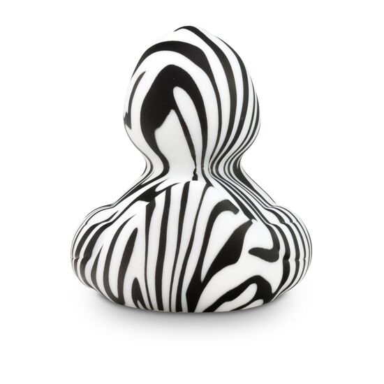 schwarz-weiße Werbeente Zoe Zebra mit orangenem Schnabel in Standardform, Größe: ca. 8 cm. Inklusive Quietschventil