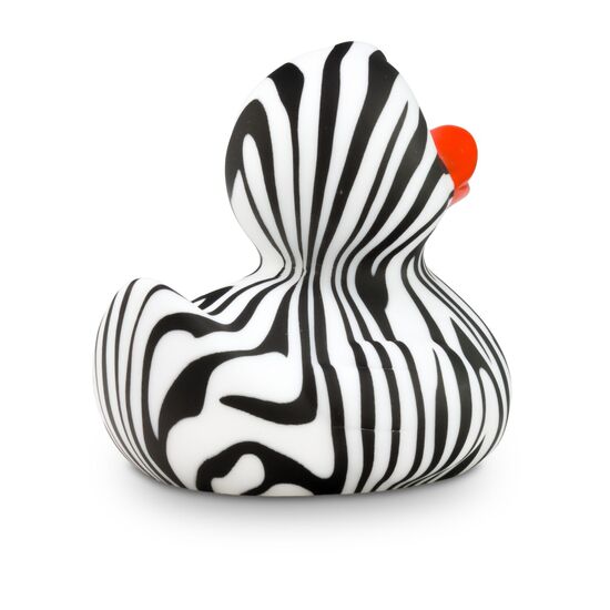 schwarz-weiße Werbeente Zoe Zebra mit orangenem Schnabel in Standardform, Größe: ca. 8 cm. Inklusive Quietschventil