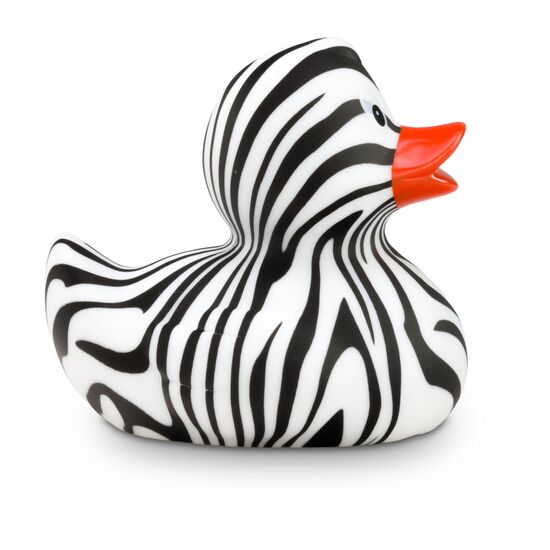 schwarz-weiße Werbeente Zoe Zebra mit orangenem Schnabel in Standardform, Größe: ca. 8 cm. Inklusive Quietschventil