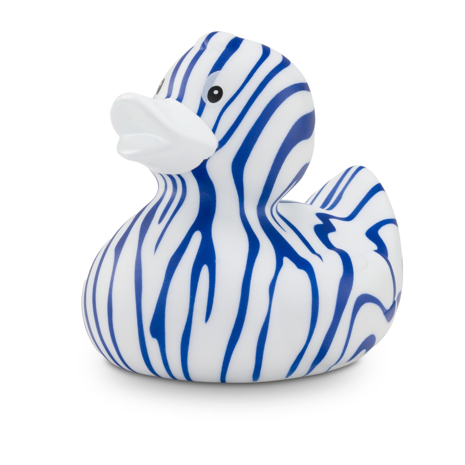 Weiße Ente mit blauen Streifen im Zebra-Look. Ein echtes Unikat. Ca. 8 cm. Quietschventil.