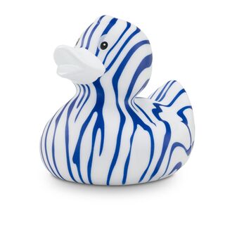 Weiße Ente mit blauen Streifen im Zebra-Look. Ein echtes Unikat. Ca. 8 cm. Quietschventil.
