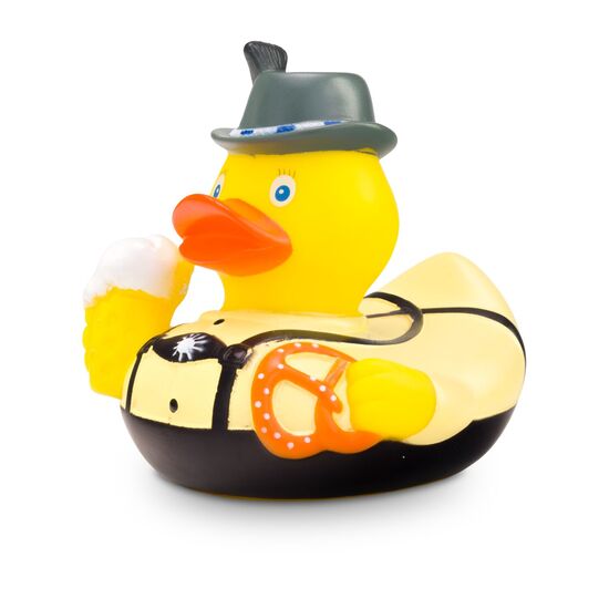 gelbe Werbeente Basti Bierzelt mit Hemd, Lederhose, Hut, Maßkrug mit Bier und Brezel, Größe: ca. 8 cm. Inklusive Quietschventil