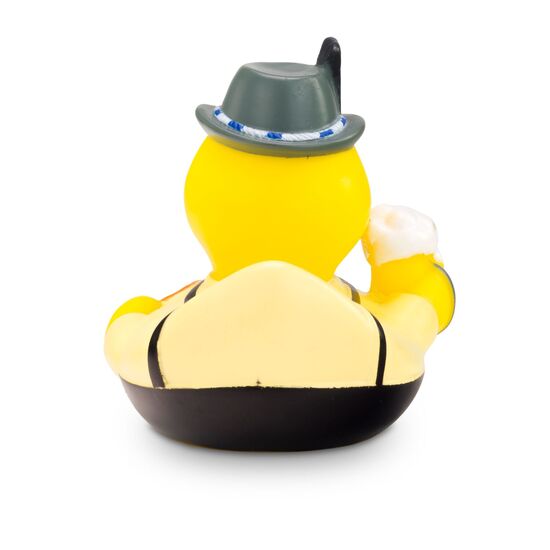 gelbe Werbeente Basti Bierzelt mit Hemd, Lederhose, Hut, Maßkrug mit Bier und Brezel, Größe: ca. 8 cm. Inklusive Quietschventil