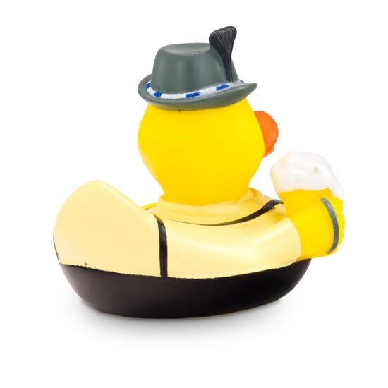 gelbe Werbeente Basti Bierzelt mit Hemd, Lederhose, Hut, Maßkrug mit Bier und Brezel, Größe: ca. 8 cm. Inklusive Quietschventil
