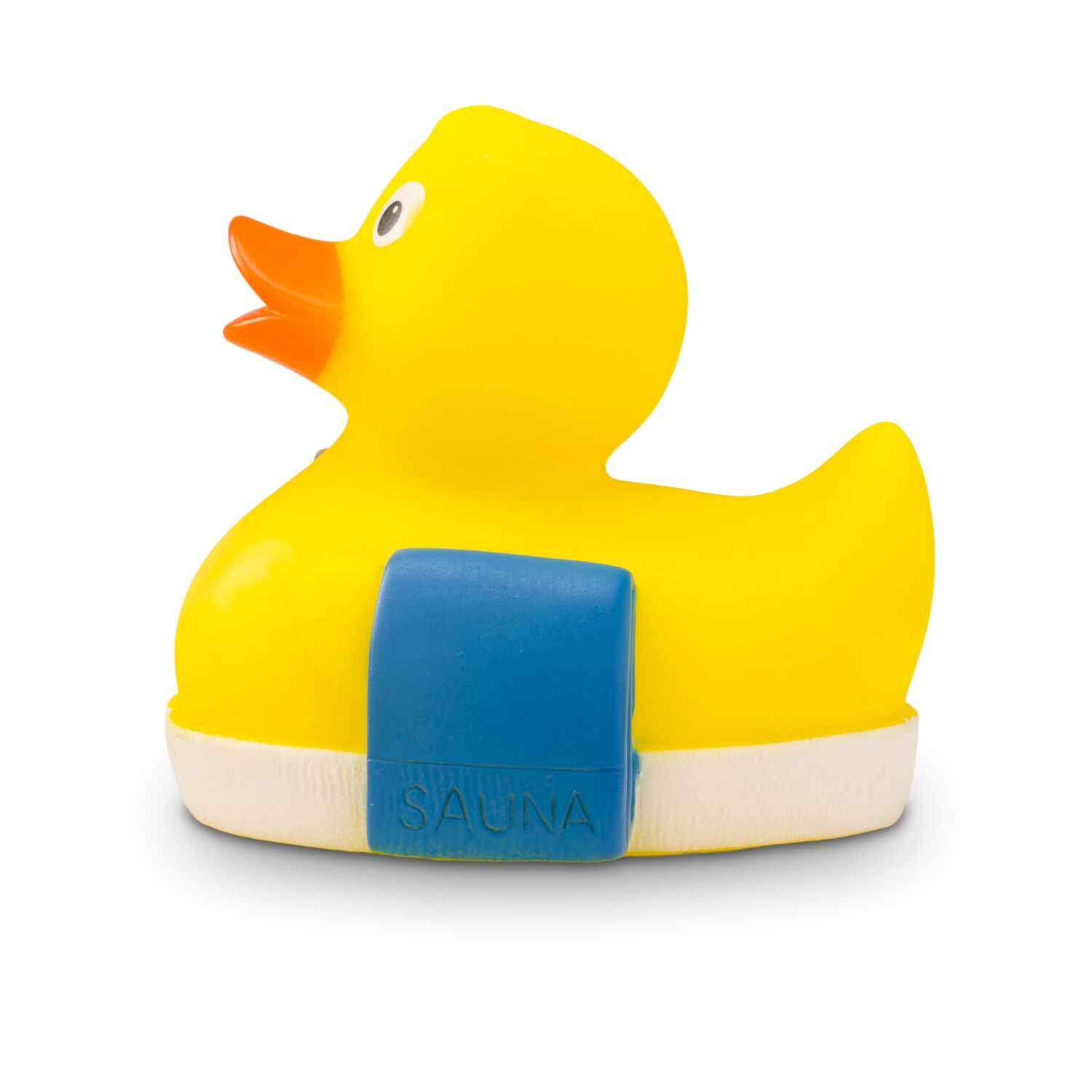 gelbe Werbeente Sandy Sauna mit orangenem Schnabel,Aufguss-Eimer und Sauna-Handtuch, Größe: ca. 8 cm. Inklusive Quietschventil