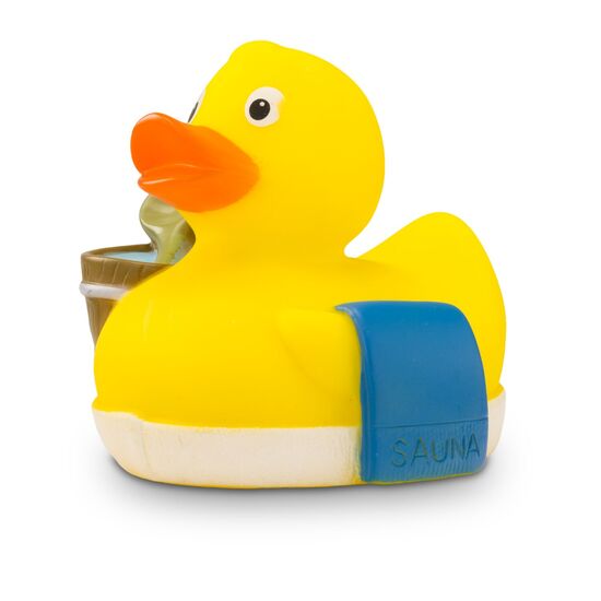 gelbe Werbeente Sandy Sauna mit orangenem Schnabel,Aufguss-Eimer und Sauna-Handtuch, Größe: ca. 8 cm. Inklusive Quietschventil