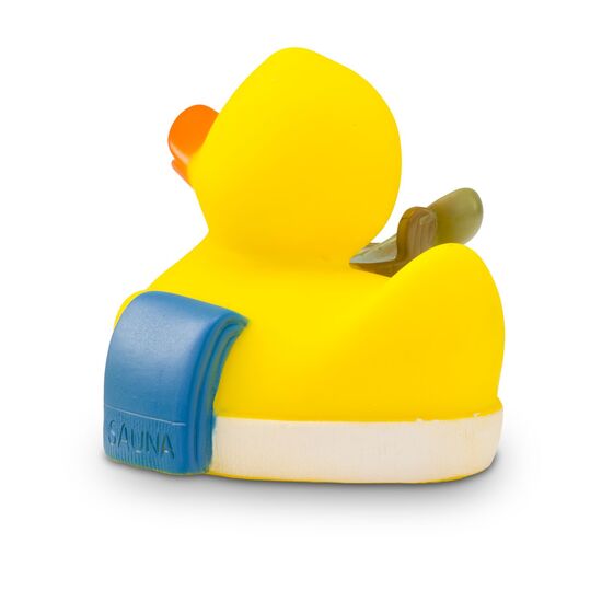 gelbe Werbeente Sandy Sauna mit orangenem Schnabel,Aufguss-Eimer und Sauna-Handtuch, Größe: ca. 8 cm. Inklusive Quietschventil