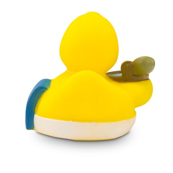 gelbe Werbeente Sandy Sauna mit orangenem Schnabel,Aufguss-Eimer und Sauna-Handtuch, Größe: ca. 8 cm. Inklusive Quietschventil