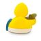 gelbe Werbeente Sandy Sauna mit orangenem Schnabel,Aufguss-Eimer und Sauna-Handtuch, Größe: ca. 8 cm. Inklusive Quietschventil