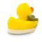 gelbe Werbeente Sandy Sauna mit orangenem Schnabel,Aufguss-Eimer und Sauna-Handtuch, Größe: ca. 8 cm. Inklusive Quietschventil