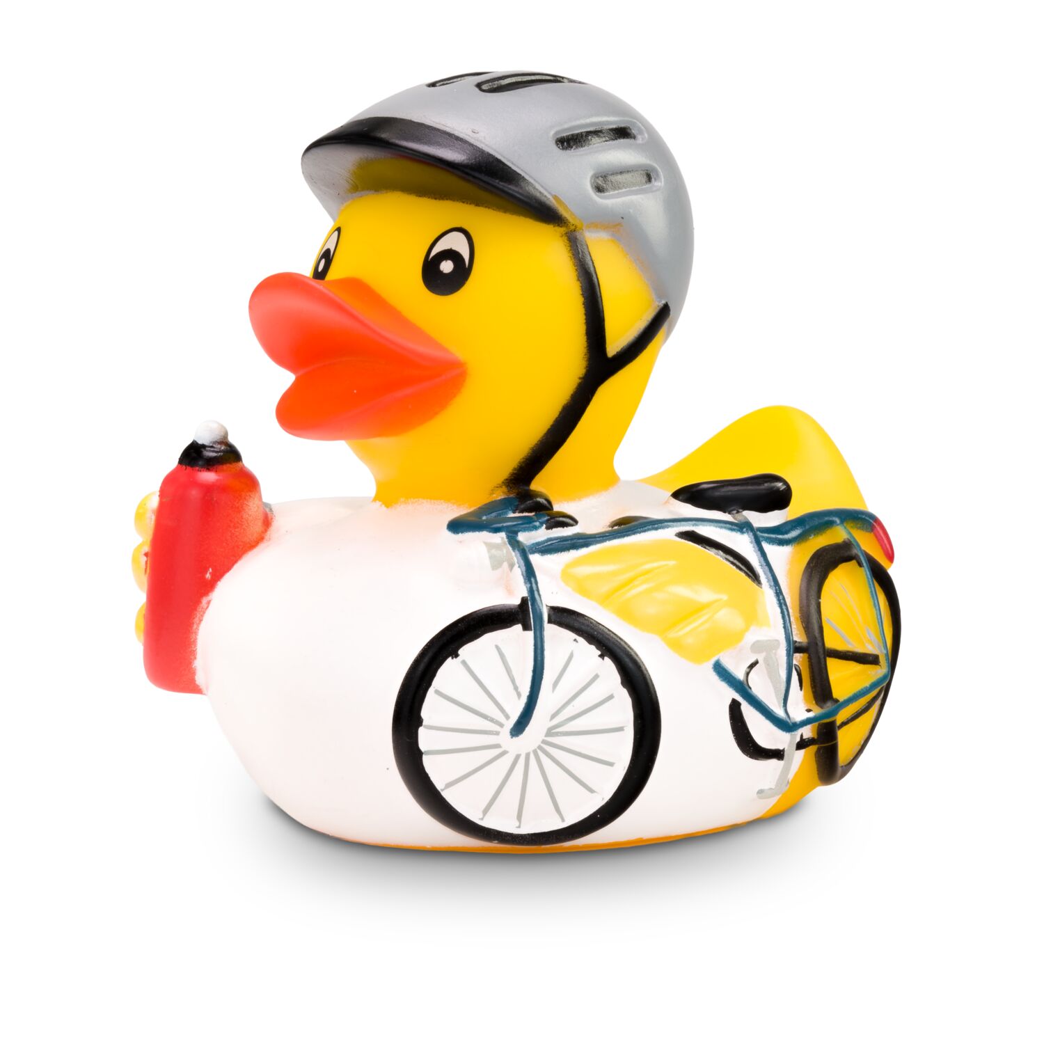 gelbe Werbeente Roland Radler mit Fahrrad, Fahrradhelm und Trinkflasche, Größe: ca. 8 cm. Inklusive Quietschventil