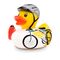 gelbe Werbeente Roland Radler mit Fahrrad, Fahrradhelm und Trinkflasche, Größe: ca. 8 cm. Inklusive Quietschventil