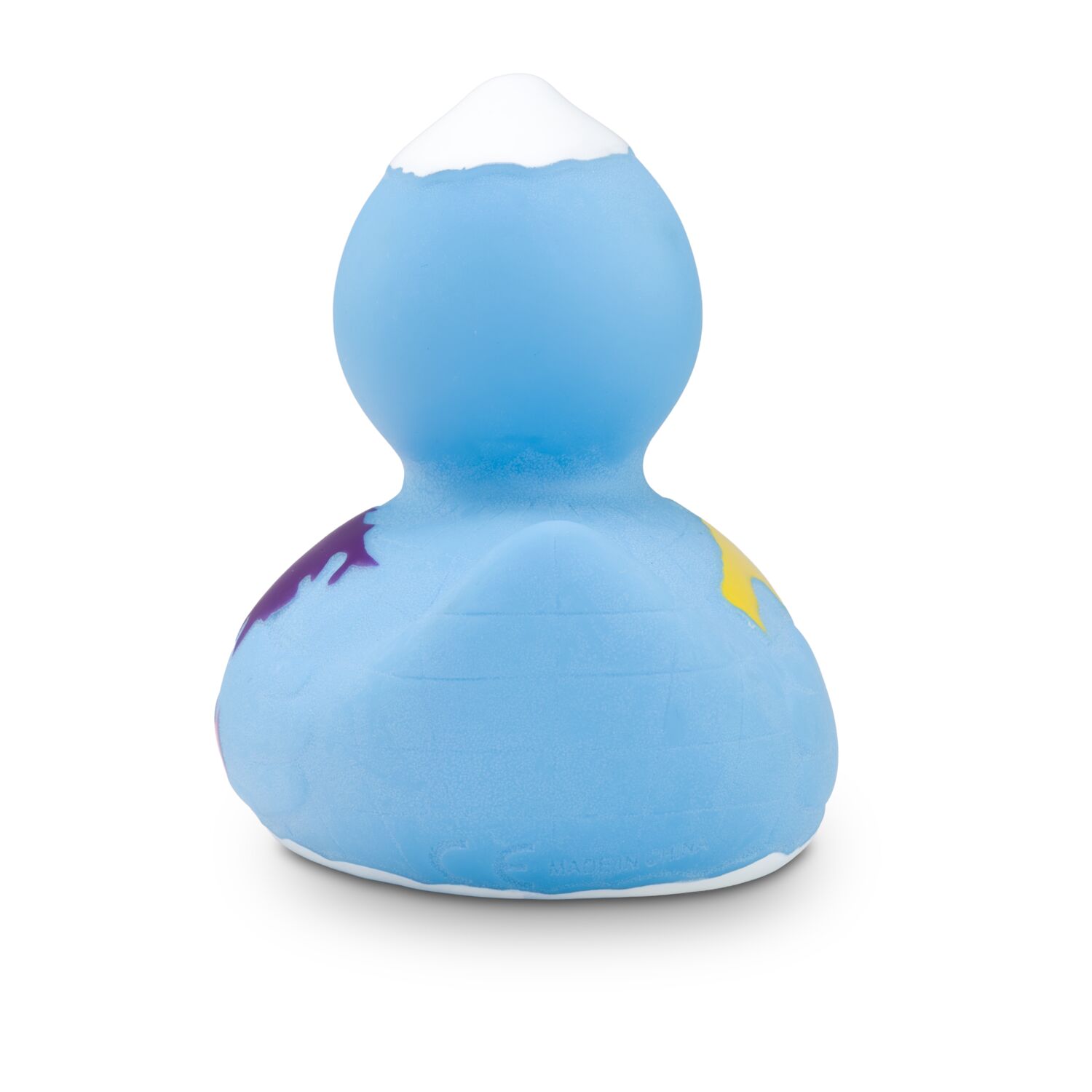 blaue Werbeente Erna Erdkugel mit bunten Kontinenten und Nordpol, Größe: ca. 8 cm. Inklusive Quietschventil