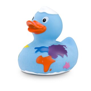 blaue Werbeente Erna Erdkugel mit bunten Kontinenten und Nordpol, Größe: ca. 8 cm. Inklusive Quietschventil