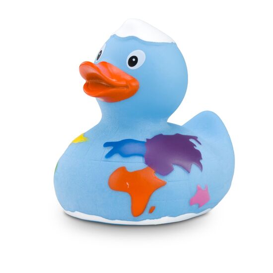 blaue Werbeente Erna Erdkugel mit bunten Kontinenten und Nordpol, Größe: ca. 8 cm. Inklusive Quietschventil