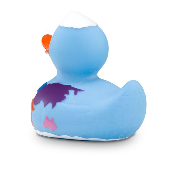 blaue Werbeente Erna Erdkugel mit bunten Kontinenten und Nordpol, Größe: ca. 8 cm. Inklusive Quietschventil