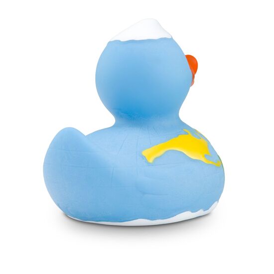 blaue Werbeente Erna Erdkugel mit bunten Kontinenten und Nordpol, Größe: ca. 8 cm. Inklusive Quietschventil