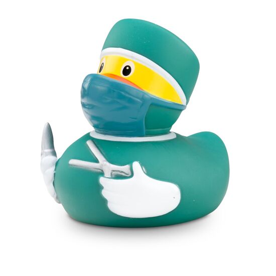 gelbe Badeente Otto Operateur mit OP-Kleidung, Skalpell und Schere, Größe: ca. 8 cm, inklusive Quietschventil