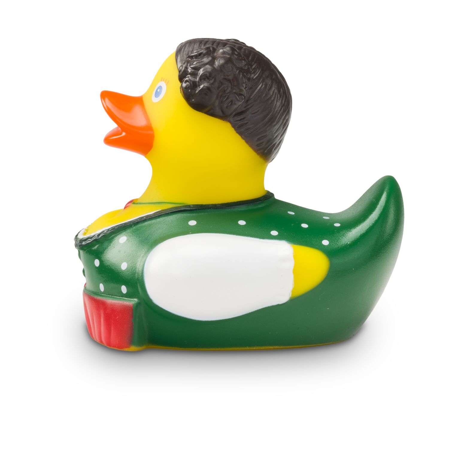 gelbe Werbeente Theresa Trachtenherz mit dunkler Tracht mit weißen Punkten und Schürze in rot, Größe: ca. 8 cm. Inklusive Quietschventil