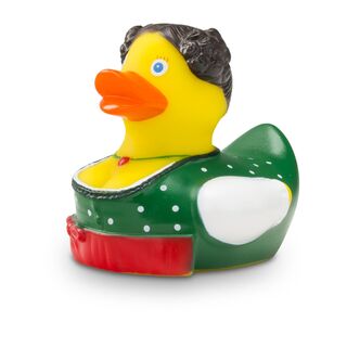 gelbe Werbeente Theresa Trachtenherz mit dunkler Tracht mit weißen Punkten und Schürze in rot, Größe: ca. 8 cm. Inklusive Quietschventil