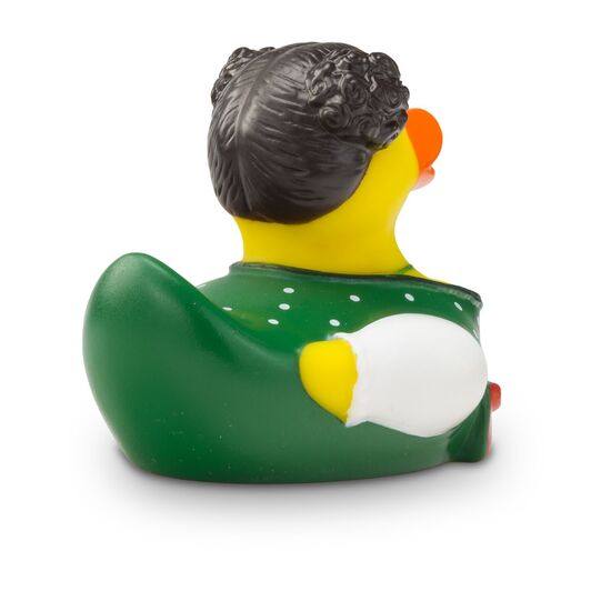 gelbe Werbeente Theresa Trachtenherz mit dunkler Tracht mit weißen Punkten und Schürze in rot, Größe: ca. 8 cm. Inklusive Quietschventil