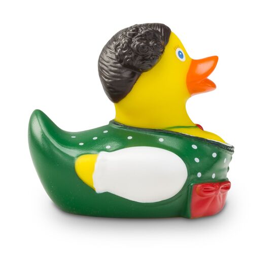 gelbe Werbeente Theresa Trachtenherz mit dunkler Tracht mit weißen Punkten und Schürze in rot, Größe: ca. 8 cm. Inklusive Quietschventil