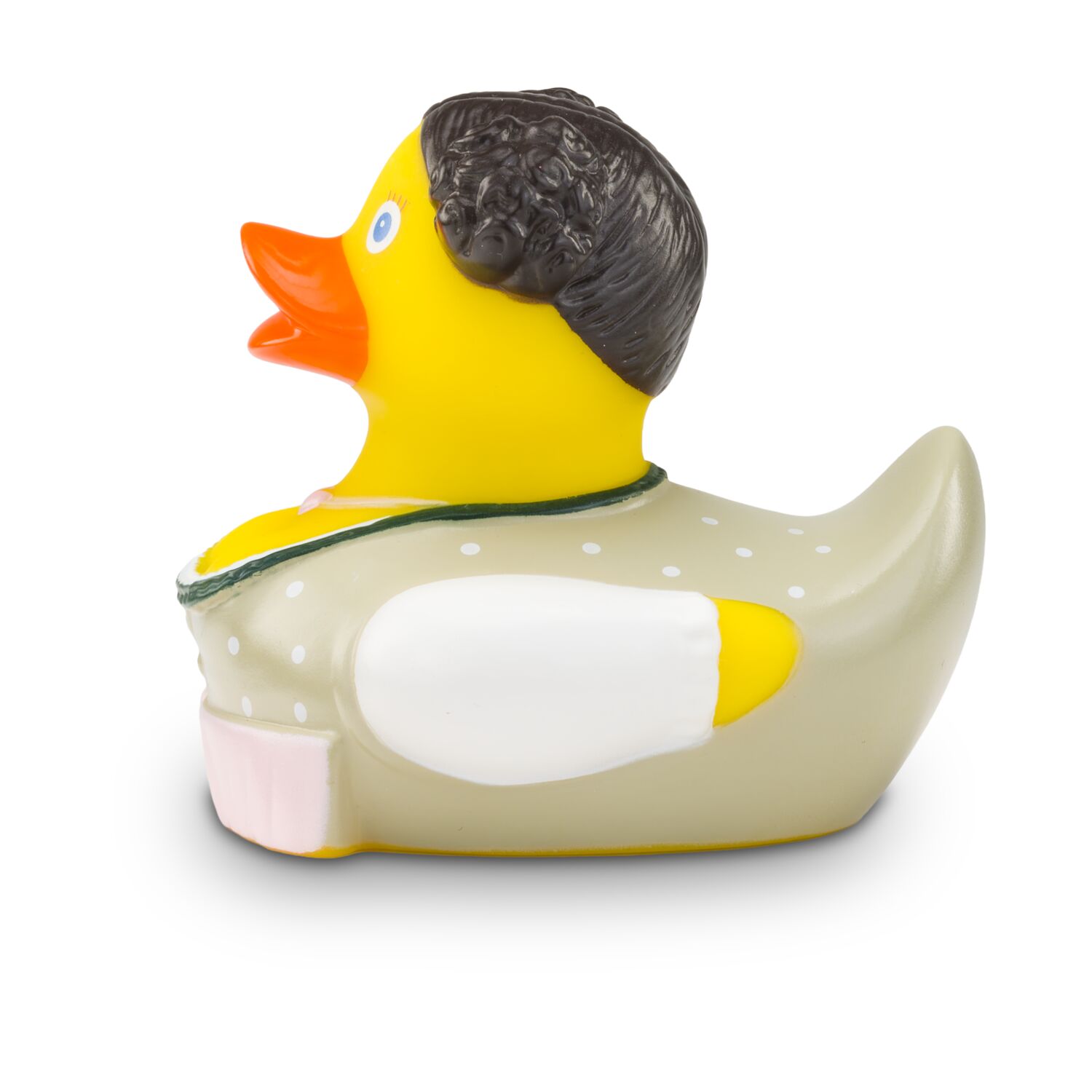 gelbe Werbeente Theresa Trachtenherz mit beiger Tracht mit weißen Punkten und Schürze in Altrosa, Größe: ca. 8 cm. Inklusive Quietschventil