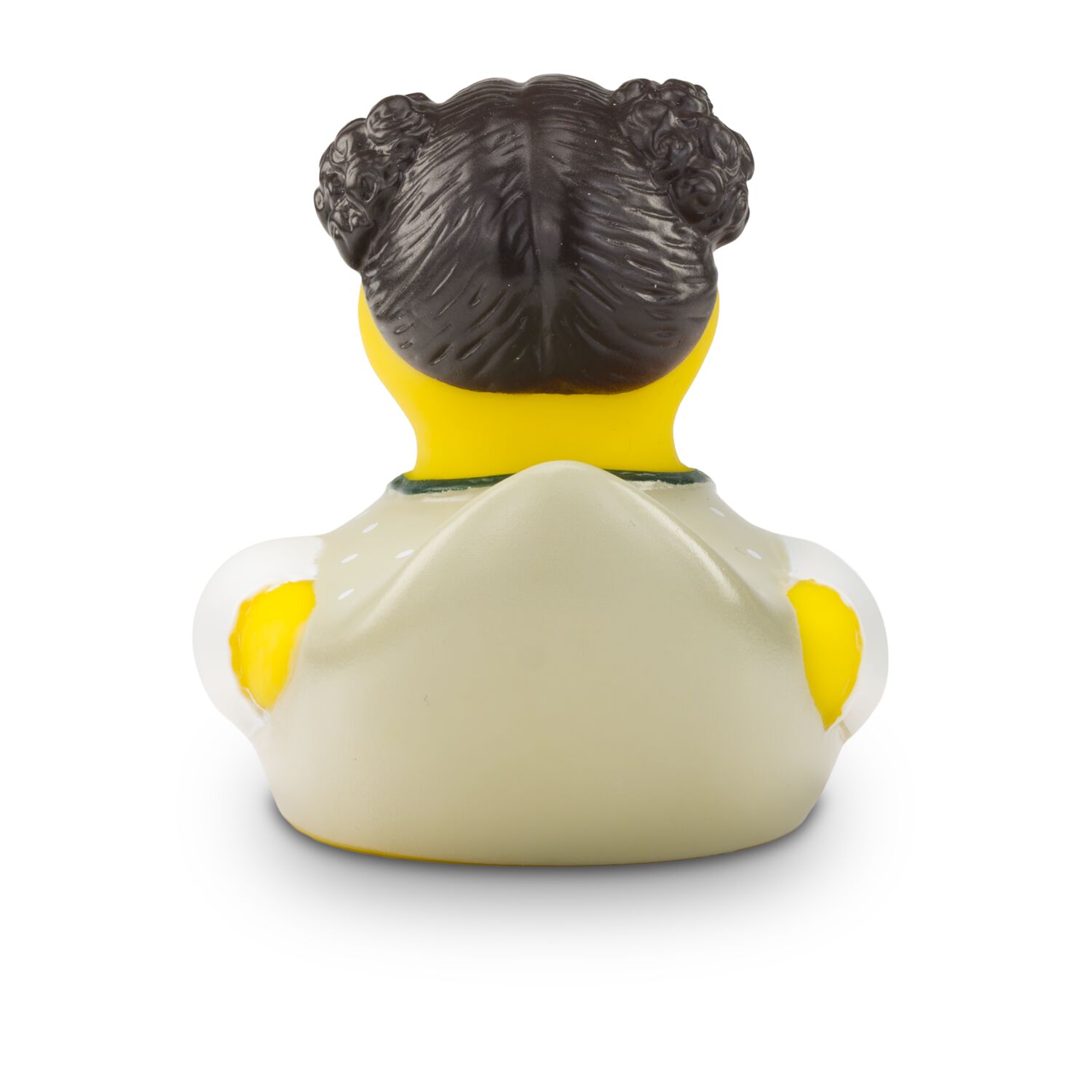 gelbe Werbeente Theresa Trachtenherz mit beiger Tracht mit weißen Punkten und Schürze in Altrosa, Größe: ca. 8 cm. Inklusive Quietschventil