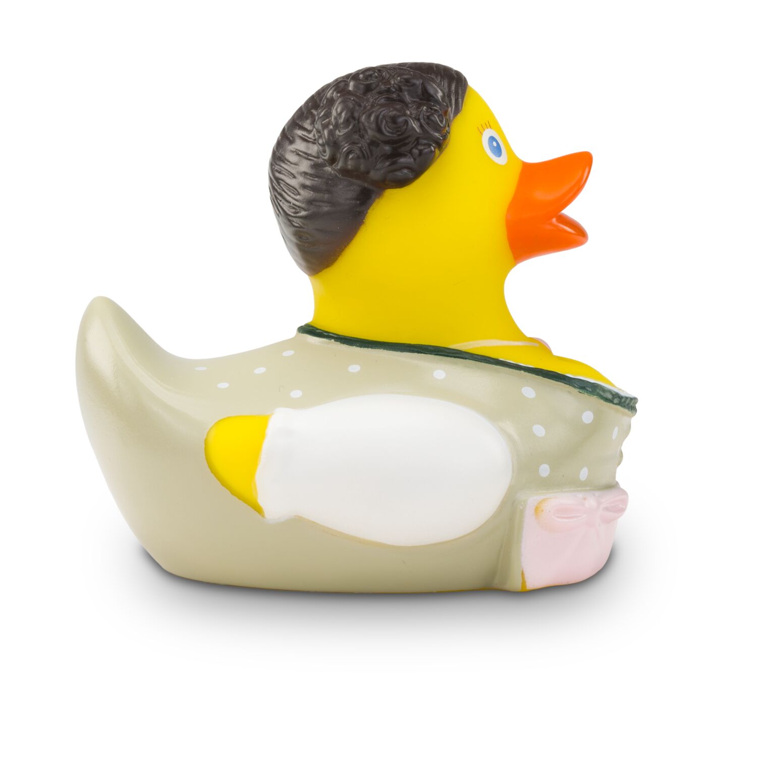 gelbe Werbeente Theresa Trachtenherz mit beiger Tracht mit weißen Punkten und Schürze in Altrosa, Größe: ca. 8 cm. Inklusive Quietschventil