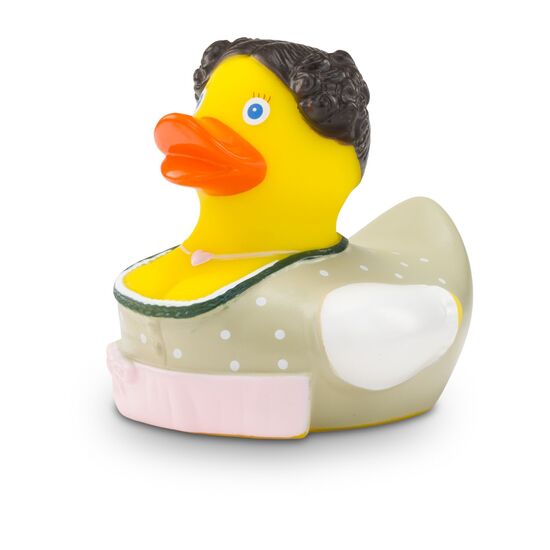 gelbe Werbeente Theresa Trachtenherz mit beiger Tracht mit weißen Punkten und Schürze in Altrosa, Größe: ca. 8 cm. Inklusive Quietschventil