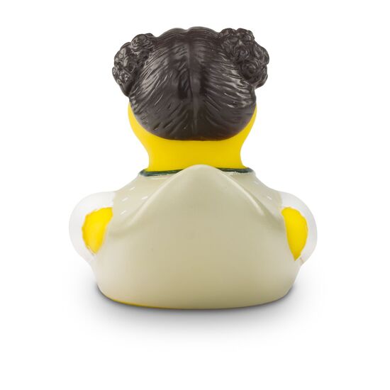 gelbe Werbeente Theresa Trachtenherz mit beiger Tracht mit weißen Punkten und Schürze in Altrosa, Größe: ca. 8 cm. Inklusive Quietschventil