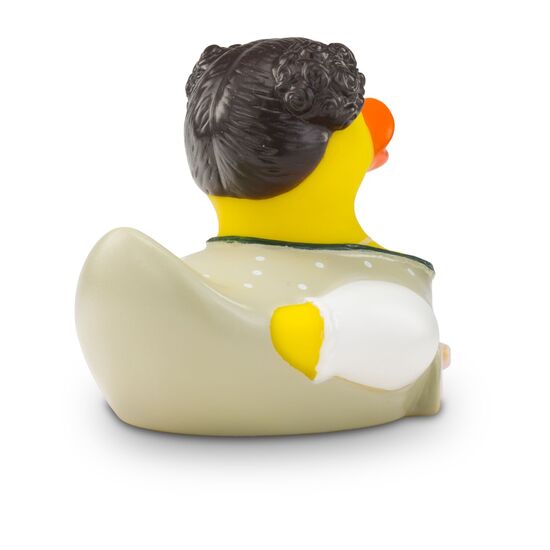 gelbe Werbeente Theresa Trachtenherz mit beiger Tracht mit weißen Punkten und Schürze in Altrosa, Größe: ca. 8 cm. Inklusive Quietschventil