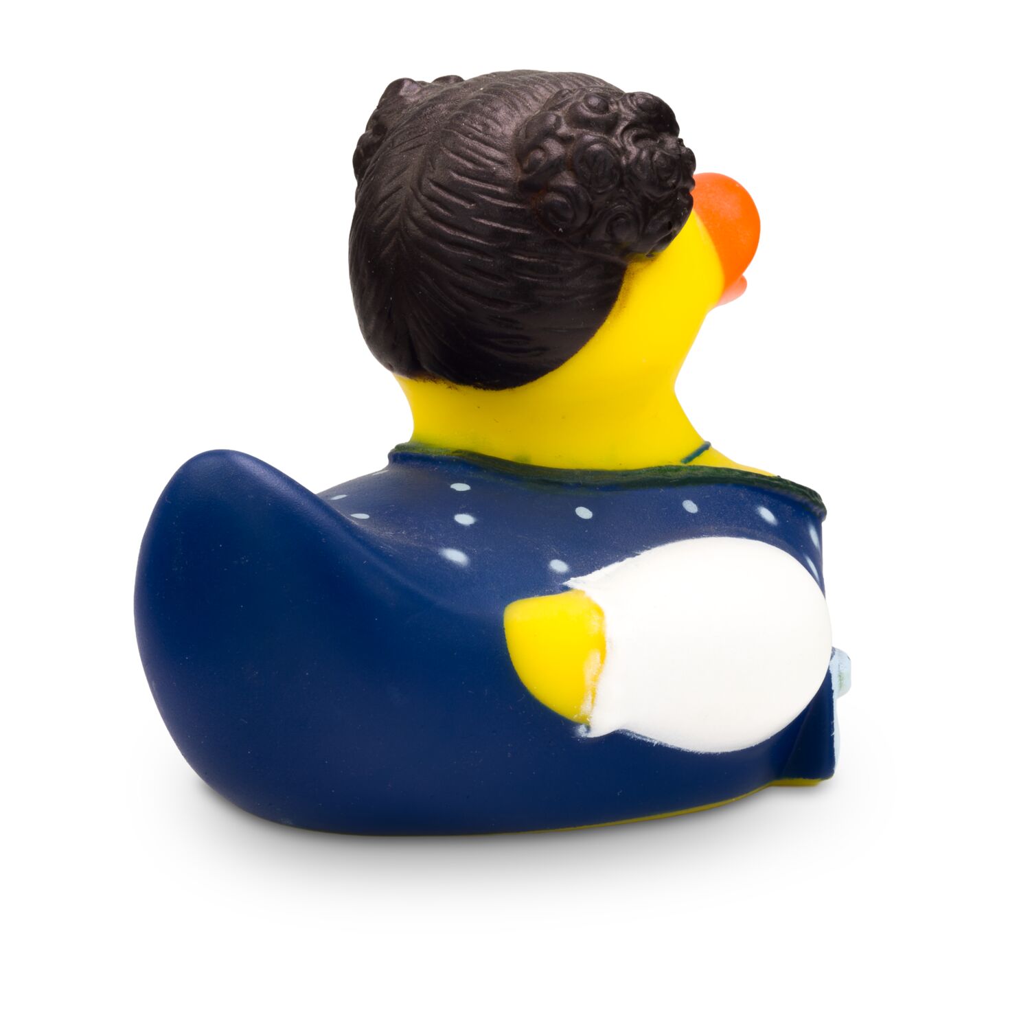 gelbe Werbeente Theresa Trachtenherz mit dunkelblauer Tracht und Schürze in hellblau, Größe: ca. 8 cm. Inklusive Quietschventil