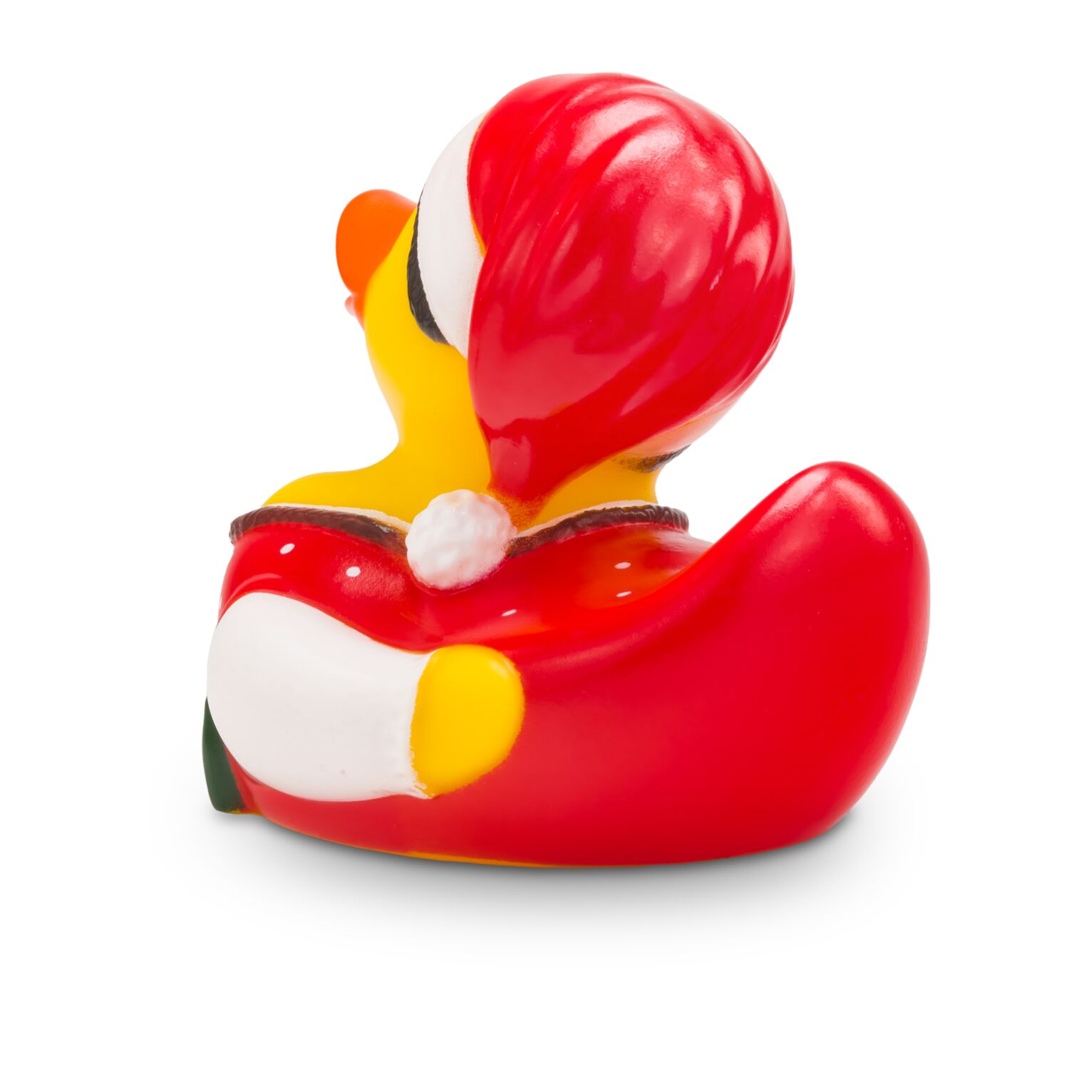 Gelbe Werbeente Theresa Trachtenherz mit roter Tracht und weihnachtlicher Zipfelmütze, Größe: ca. 8 cm. Inklusive Quietschventil