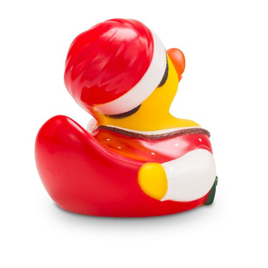 Gelbe Werbeente Theresa Trachtenherz mit roter Tracht und weihnachtlicher Zipfelmütze, Größe: ca. 8 cm. Inklusive Quietschventil
