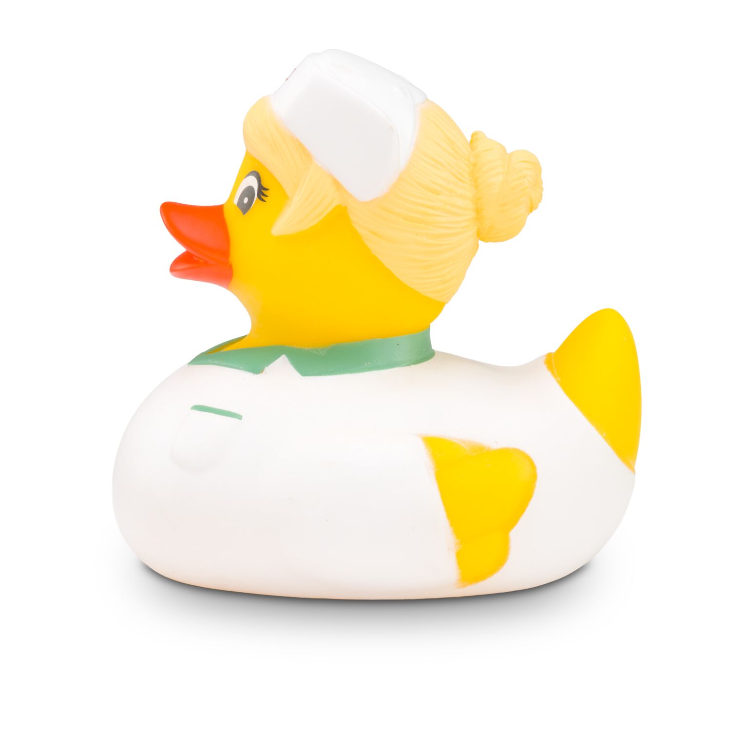 gelbe Werbeente Gisela Gesundheit mit Krankenschwester-Outfit, Größe: ca. 8 cm. Inklusive Quietschventil