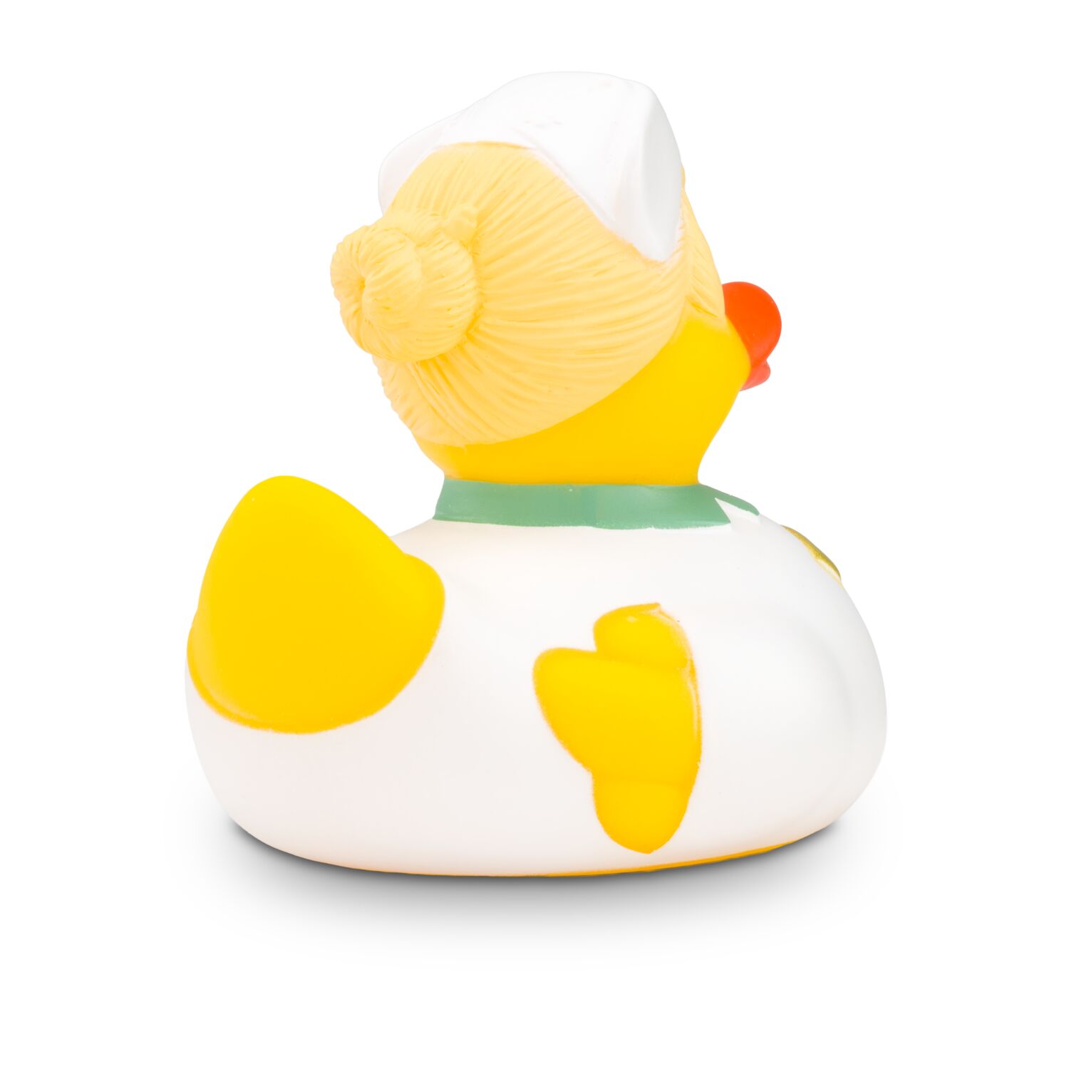 gelbe Werbeente Gisela Gesundheit mit Krankenschwester-Outfit, Größe: ca. 8 cm. Inklusive Quietschventil