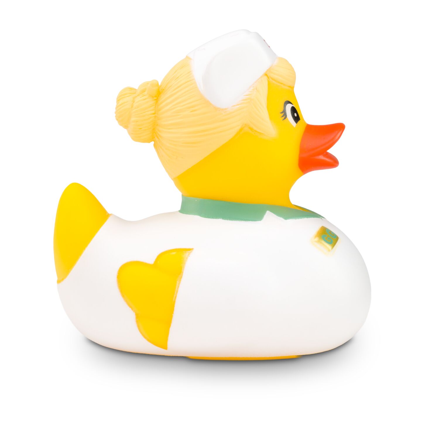 gelbe Werbeente Gisela Gesundheit mit Krankenschwester-Outfit, Größe: ca. 8 cm. Inklusive Quietschventil