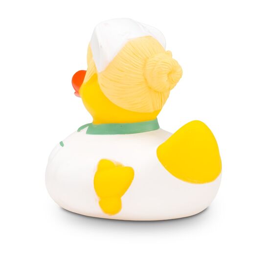 gelbe Werbeente Gisela Gesundheit mit Krankenschwester-Outfit, Größe: ca. 8 cm. Inklusive Quietschventil