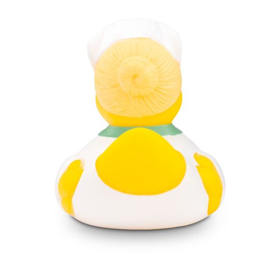 gelbe Werbeente Gisela Gesundheit mit Krankenschwester-Outfit, Größe: ca. 8 cm. Inklusive Quietschventil