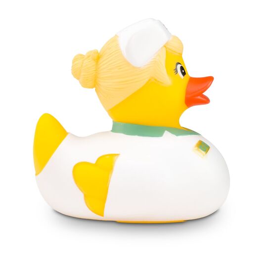 gelbe Werbeente Gisela Gesundheit mit Krankenschwester-Outfit, Größe: ca. 8 cm. Inklusive Quietschventil