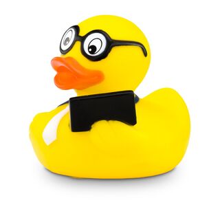 gelbe Werbeente Oskar Office mit orangenem Schnabel,Headset und Laptop, Größe: ca. 8 cm. Inklusive Quietschventil