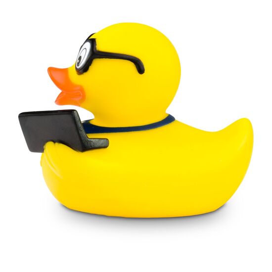 gelbe Werbeente Oskar Office mit orangenem Schnabel,Headset und Laptop, Größe: ca. 8 cm. Inklusive Quietschventil