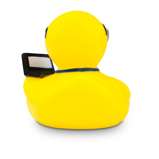 gelbe Werbeente Oskar Office mit orangenem Schnabel,Headset und Laptop, Größe: ca. 8 cm. Inklusive Quietschventil