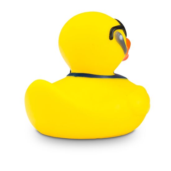 gelbe Werbeente Oskar Office mit orangenem Schnabel,Headset und Laptop, Größe: ca. 8 cm. Inklusive Quietschventil